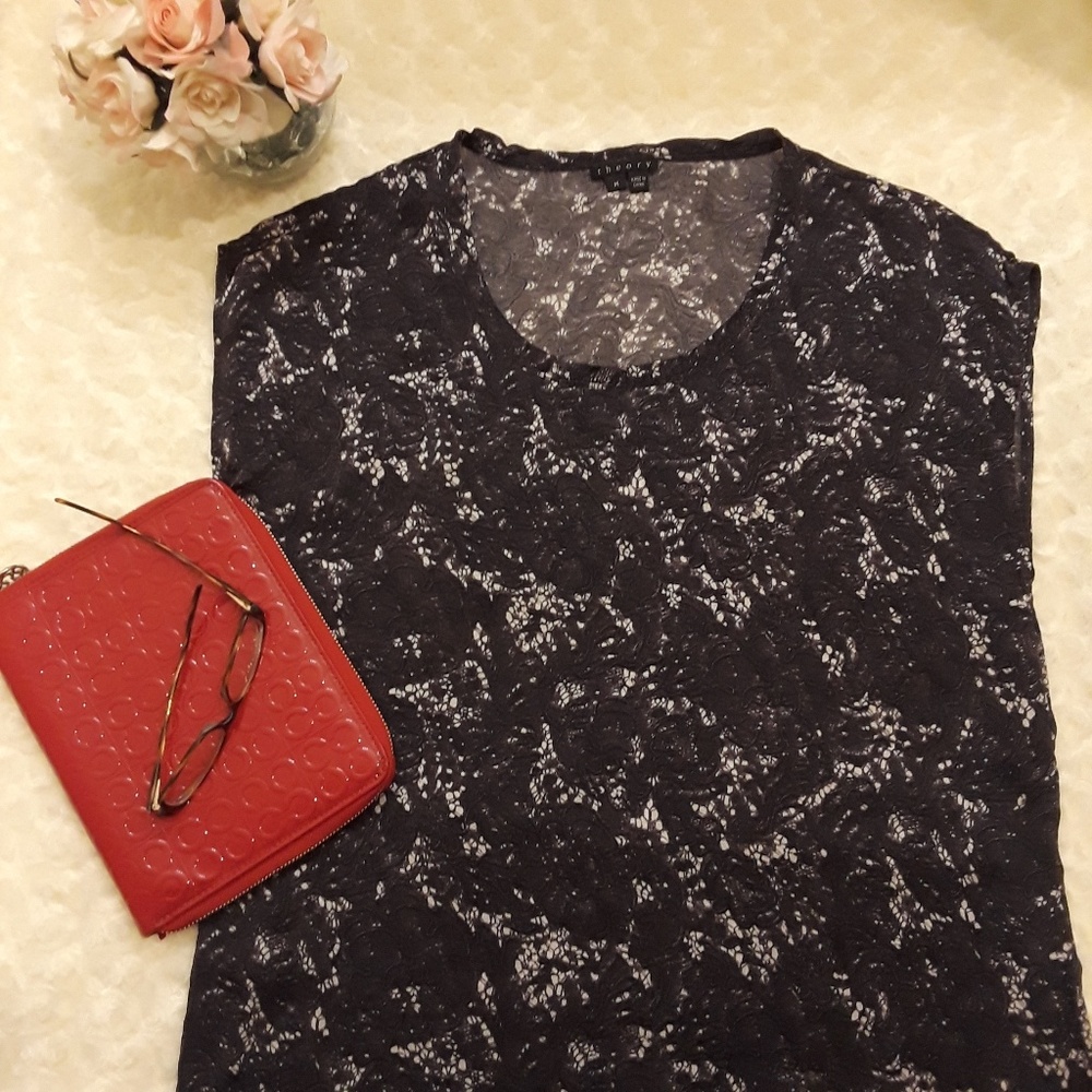Theory Silk Grey, White, & Black Floral Blouse